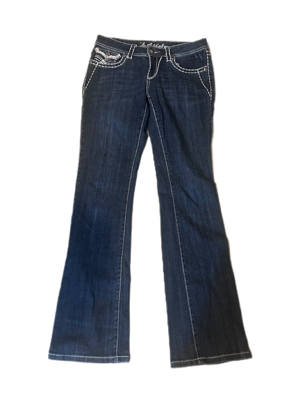 LA IDOL Jeans Dark Blue Flared Women's denim Vintage White Contrast Stitching - Picture 2 of 7